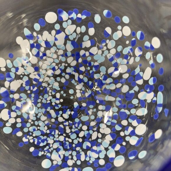 Hand Blown Large Glass Bowl Dish Round Clear Edges With White Blue Dots All Over - Picture 5 of 10